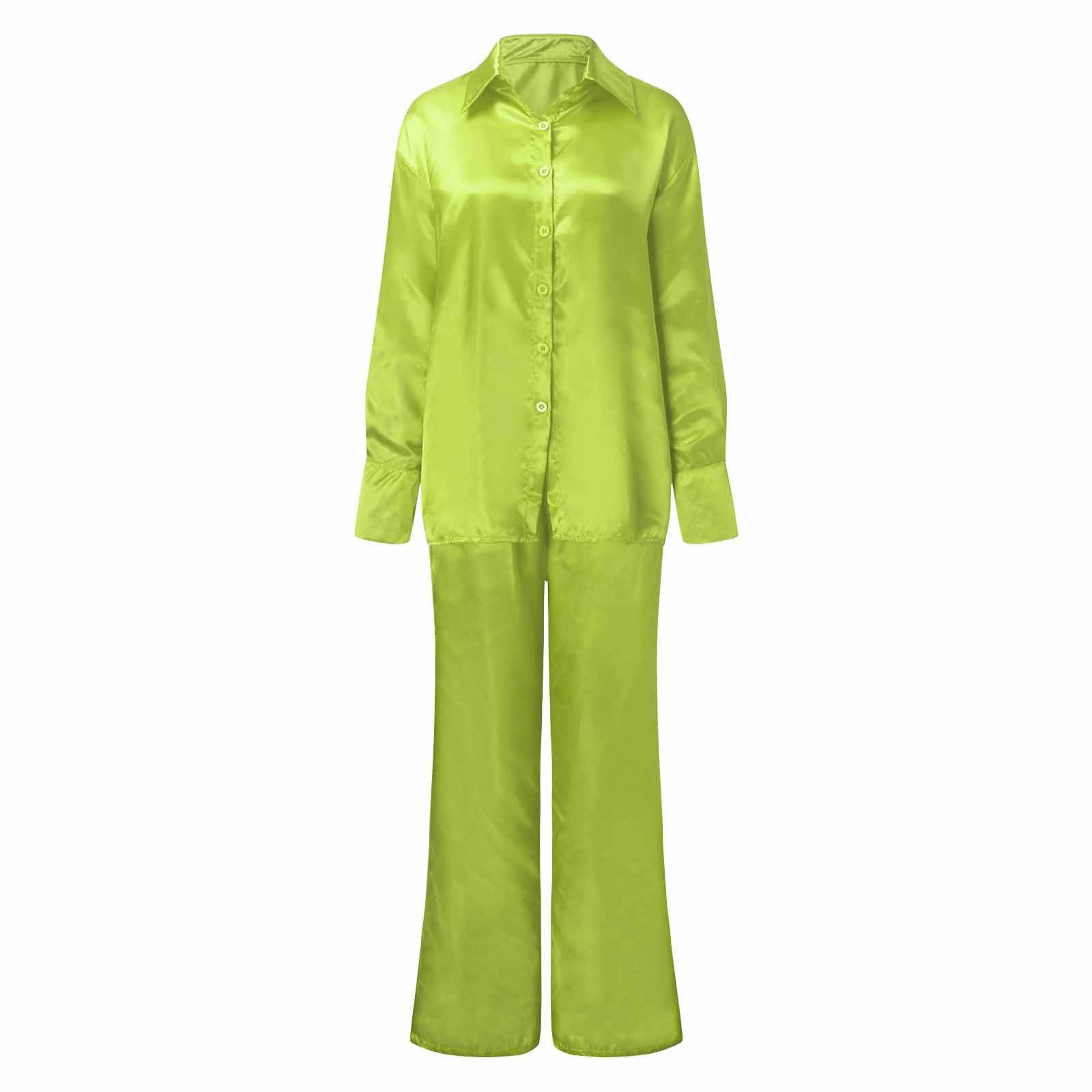 thumbnail image 4 of Conjunto de satén de 2 piezas para mujer: camisa de manga larga con botones y pantalones anchos, informal/pijama, tallas S-XXL, 4 of 6